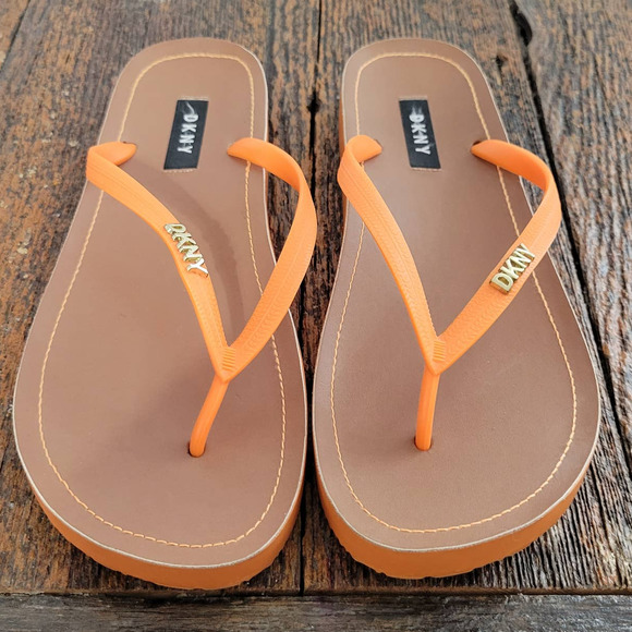 DKNY  'Madi' Orange Flip Flop Logo Thong Sandals - Picture 4 of 7